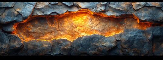 Lava in a canyon crevice. A bright orange lava stream flows between rugged, dark gray rocks in a dramatic canyon setting. photo