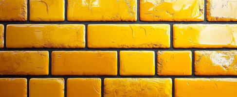 Yellow ceramic wall tiles. A wall covered in glossy yellow ceramic tiles showcases vibrant color and texture, adding warmth to the space. photo
