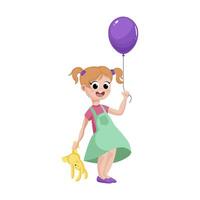 Cute girl with balloon in flat design. Smiling child holding toy rabbit. illustration isolated. vector