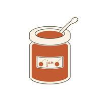 Cherry jam in jar in flat design. Sweet jelly dessert with red berries. illustration isolated. vector