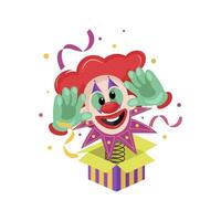 Joke box with funny clown in flat design. Surprise prank at Fools day. illustration isolated. vector