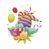 Fools day holiday clown in flat design. Circus comedian head blowing balloons. illustration isolated. vector