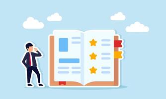 businessman standing next to a book with a star symbol, illustration of learning about product quality standards in business vector