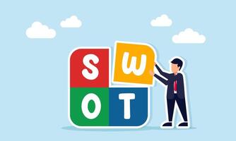 Businessman aiming to complete a stack of blocks with the word SWOT, illustration of refining the analysis of Strengths Weaknesses Opportunities and Threats vector