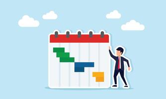 businessman standing next to a schedule calendar, illustration of setting a business event schedule vector
