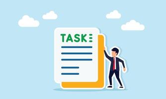 businessman standing next to a document labeled TASK, illustration of completing a business project task vector