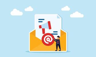 businessman placing an at or email sign on an envelope containing a document marked with a megaphone, illustration of setting email broadcast for customer business vector