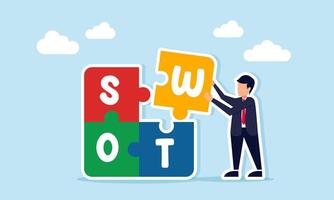 Businessman aiming to complete a puzzle with the word SWOT, illustration of refining the analysis of Strengths Weaknesses Opportunities and Threats vector