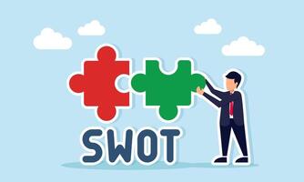 Businessman aiming to match a puzzle with the word SWOT, illustration of refining the analysis of Strengths Weaknesses Opportunities and Threats vector