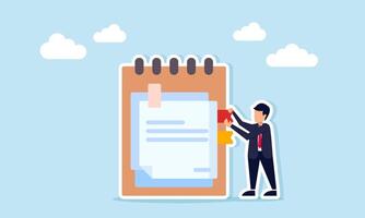 businessman holding a punctuation mark on a notebook, illustration of noting important points from a meeting and sharing vector
