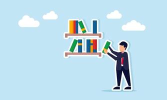 Businessman taking a book from a collection of books on a bookshelf, illustration of increasing reading literacy vector