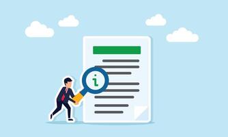 businessman holding a magnifying glass marked with the letter i to examine a document, illustration of observing and studying product information or usage instructions vector