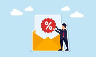 businessman holding a percent icon next to an envelope filled with documents, illustration of email broadcast related to business promotion vector