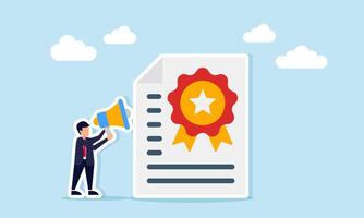 businessman holding a megaphone standing next to a paper labeled with a medal, illustration of education and socialization related to product standards and work systems vector