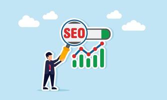 businessman holding a magnifying glass to observe SEO on a search engine and chart, illustration of monitoring and analyzing SEO performance and optimization progress vector
