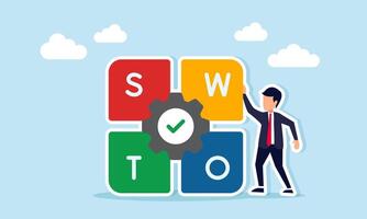 businessman standing next to a puzzle labeled SWOT with a gear marked with a check, illustration of system analysis based on SWOT vector