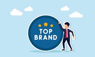Businessman standing next to a star icon labeled TOP BRAND, illustration of validation or recognition as a good brand vector