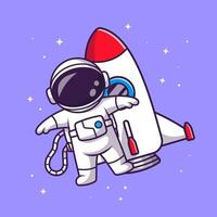 Cute Astronaut Floating with Rocket in Space Cartoon Illustration vector