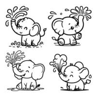 Cute elephant sprays water from its trunk. Bundle vector