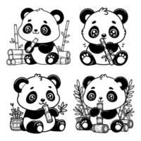 Kawaii style panda sitting while eating bamboo. Bundle vector