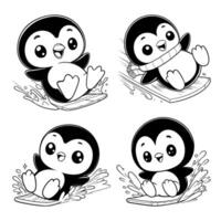 A chibi penguin is skating on ice with a happy expression. Bundle vector