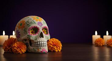 Brightly painted sugar skull with floral designs surrounded by glowing candles and vibrant marigold flowers, resting on a wooden table against a deep purple background, symbolizing Dia de Muertos photo