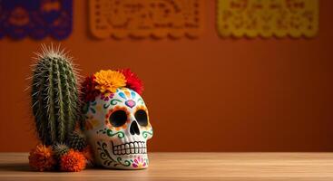 Traditional Day of the Dead Setup Featuring a Decorated Sugar Skull, Vibrant Marigolds, Green Cactus, and Colorful Papel Picado with Space for Text on Orange Background photo