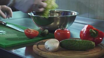 Dynamic chef skillfully chopping fresh vegetables for a vibrant salad video