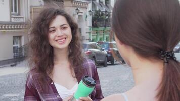 Two cheerful female friends enjoying a lively conversation while sightseeing video