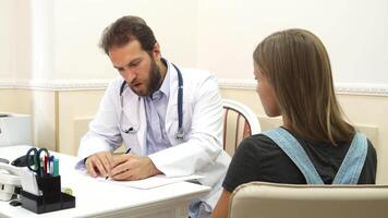 In a bright doctor's office, a compassionate doctor in a white coat writes notes while discussing the diagnosis with a young woman. The atmosphere is filled with hope as they engage in a thoughtful consultation, emphasizing care and understanding video