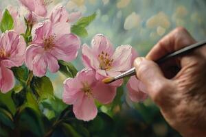 Artist painting colorful flowers in a serene garden setting during daylight hours. photo