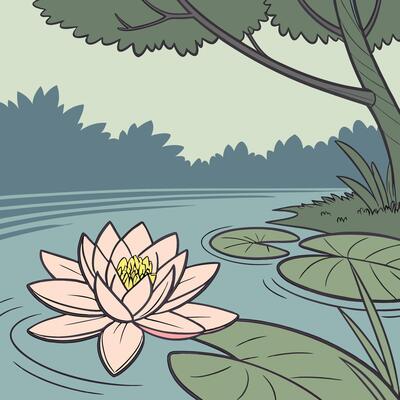 Pink Water Lily Pond Illustration Tranquil Nature Scene Botanical Art.