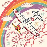 Retro Airplane Rainbow Flight Colorful Hand Drawn Airplane Illustration. vector