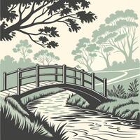 Rustic Wooden Bridge, Tranquil Stream. vector