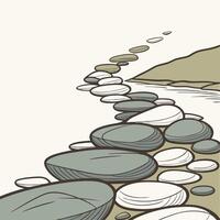 Tranquil Stone Path Hand Drawn Serenity Illustration Calming Greens and Whites. vector