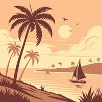 Sunset Beach Scene Sailboat, Palm Trees, Ocean. vector