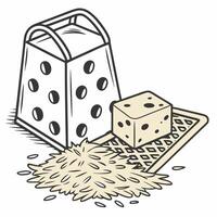 Hand Drawn Rustic Cheese Grater Illustration Block, Grated Cheese. vector