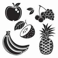 Black and White Fruit Illustration Apple, Banana, Kiwi, Grapes. vector