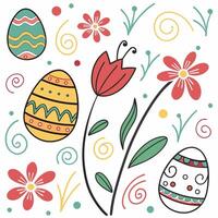 Hand Drawn Easter Eggs and Spring Flowers Colorful. vector