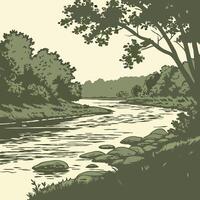 Serene River Landscape Olive Green Illustration Nature Scene with Trees and Rocks. vector