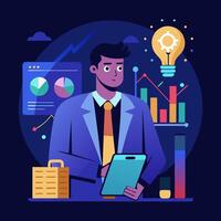 Businessman Analyzing Data Charts and Graphs Professional Illustration. vector
