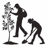 Planting Tree Silhouette Teamwork, Agriculture. vector