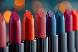 Vibrant Collection of Lipsticks Displayed in a Row Against a Blurred Background at Night photo
