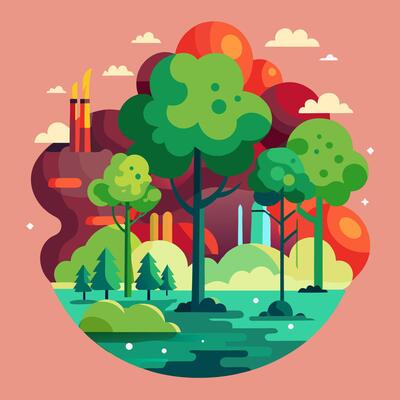 Stylized Green Forest Landscape Illustration River, Trees.