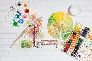 Hand Drawn Sketch of Autumn Park With Paints photo