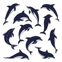 Professional Navy Blue Dolphin Silhouettes Illustration Set. vector