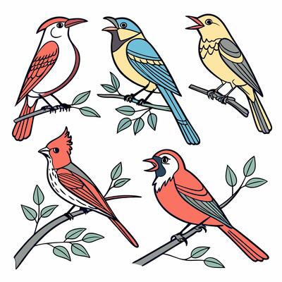 Colorful Bird Illustration Five Detailed Birds on Branches Red, Blue, Yellow.