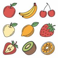 Colorful Fruit Illustrations Apples, Bananas, Strawberries, Kiwi, Orange. vector