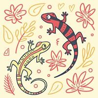 Cute Geckos Hand Drawn Tropical Lizards, Red and Yellow. vector