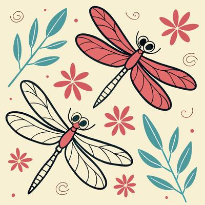 Cute Dragonfly Illustration Floral Design, Coral and Black, Hand Drawn.